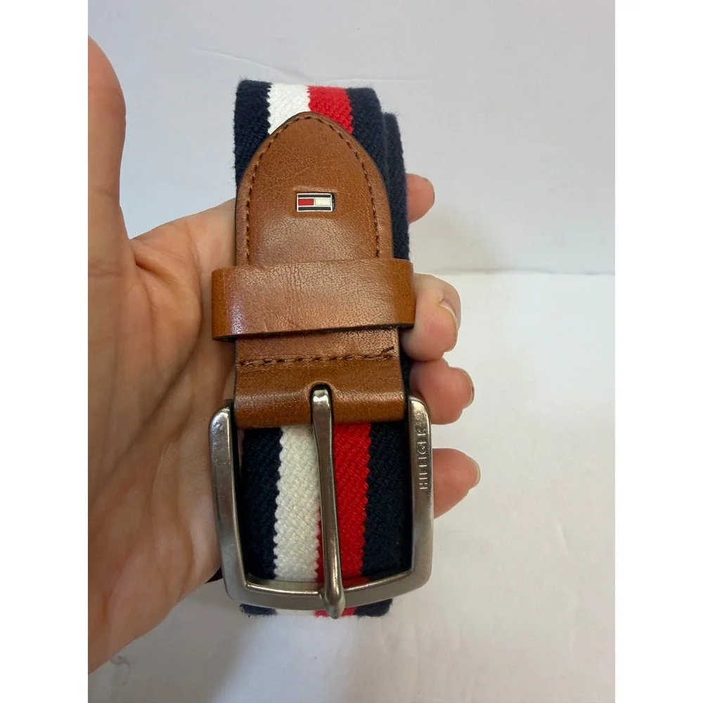 Tommy Hilfiger Mens Striped Fabric Leather Trim Belt Navy White Red Size 40/100